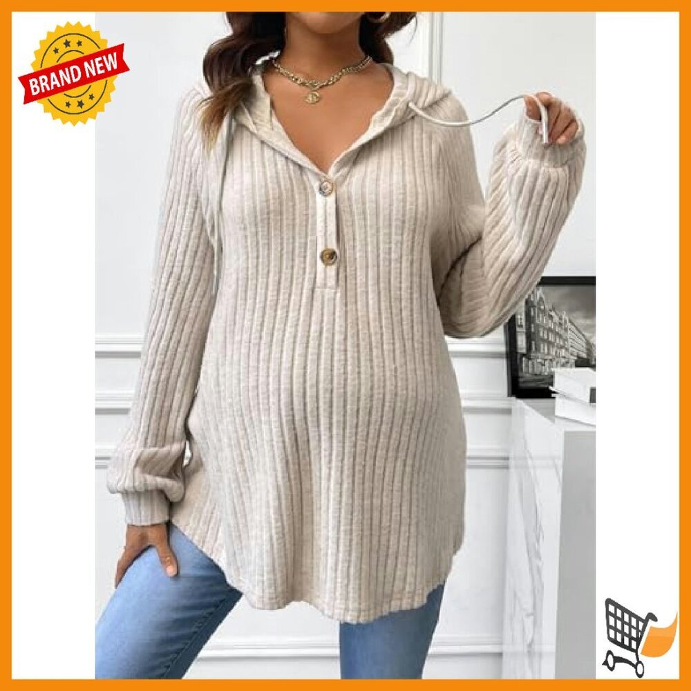 Maternity Half Button Hoodie Long Sleeve Ribbed Knit Sweatshirt Spring - Picture 6 of 7